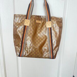 $1295 Authentic GUCCI Made in ITALY Unisex Golden Brown PVC Leather GG Tote Bag